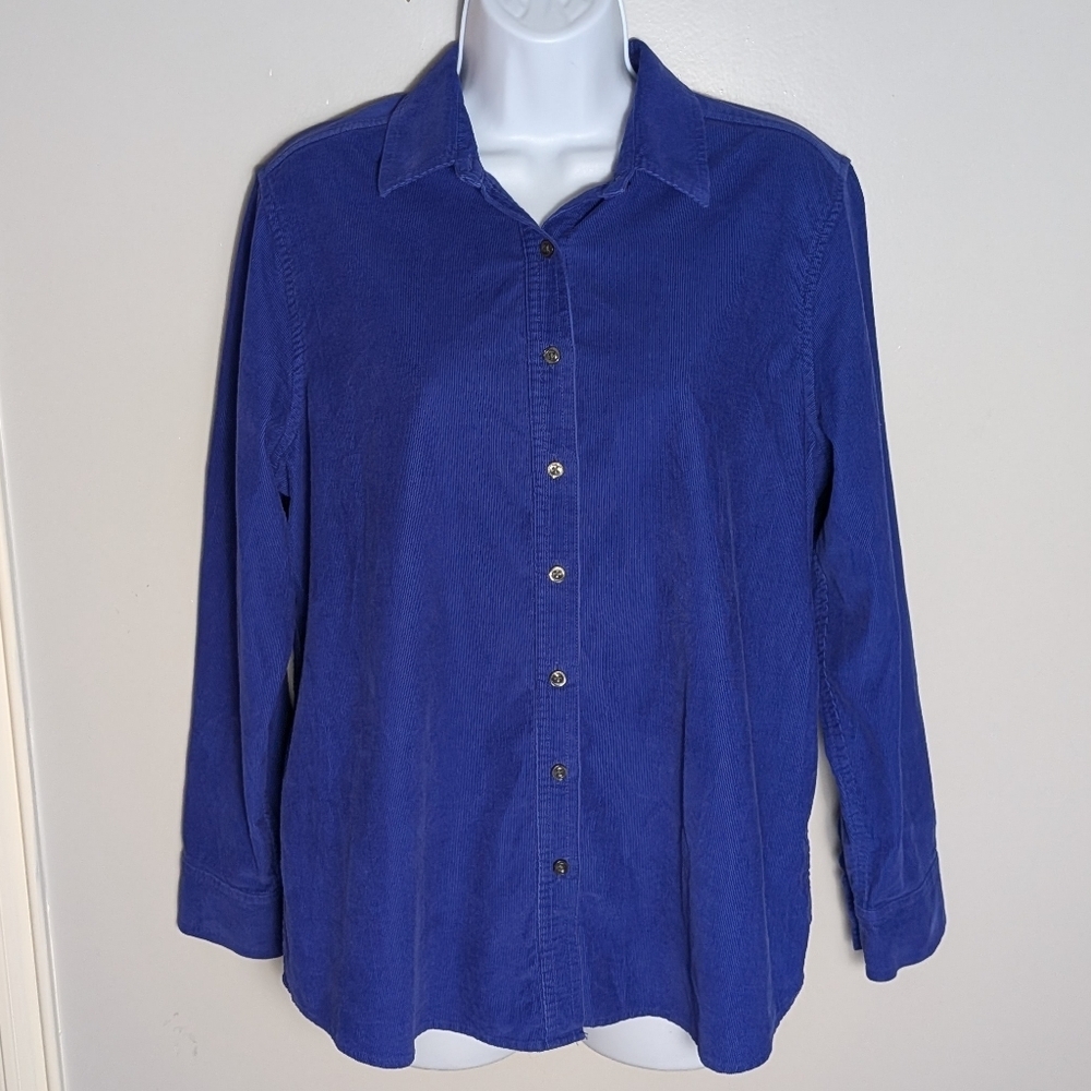 Lands’ End Blue Corduroy Shirt Preppy Casual Button Down Fall Minimalist Blouse - Picture 2 of 16
